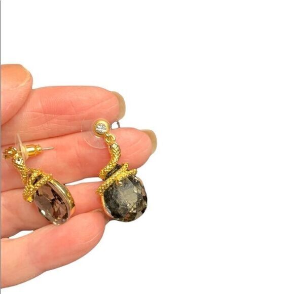 Goldtone snake earrings with crystal eyes and smoky gray / black glass bauble - Picture 1 of 5